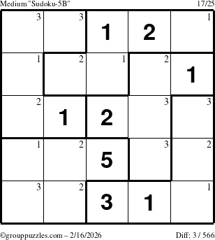 The grouppuzzles.com Medium Sudoku-5B puzzle for Monday February 16, 2026 with the first 3 steps marked