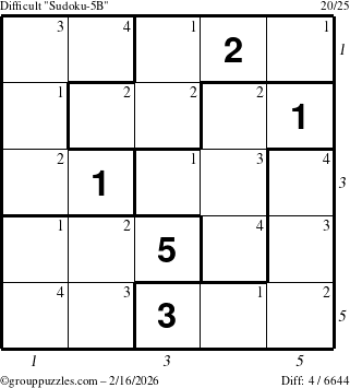 The grouppuzzles.com Difficult Sudoku-5B puzzle for Monday February 16, 2026, suitable for printing, with all 4 steps marked