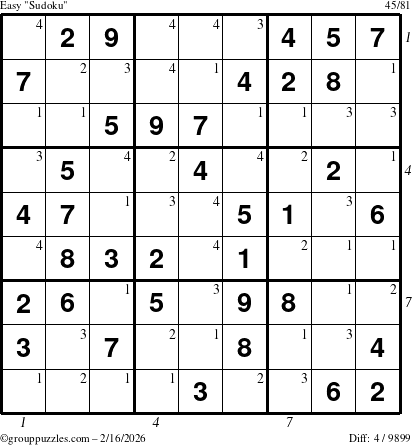 The grouppuzzles.com Easy Sudoku puzzle for Monday February 16, 2026, suitable for printing, with all 4 steps marked