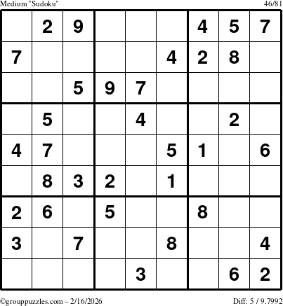 The grouppuzzles.com Medium Sudoku puzzle for Monday February 16, 2026