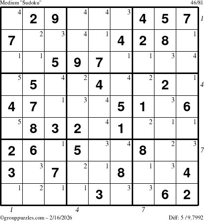 The grouppuzzles.com Medium Sudoku puzzle for Monday February 16, 2026, suitable for printing, with all 5 steps marked
