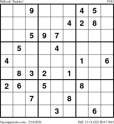The grouppuzzles.com Difficult Sudoku puzzle for Monday February 16, 2026