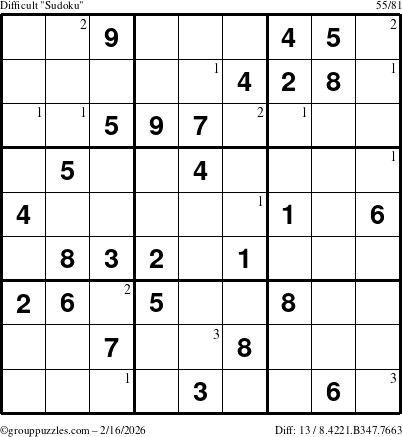 The grouppuzzles.com Difficult Sudoku puzzle for Monday February 16, 2026 with the first 3 steps marked