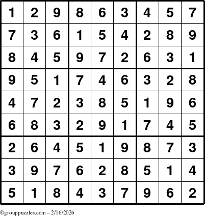 The grouppuzzles.com Answer grid for the Sudoku puzzle for Monday February 16, 2026