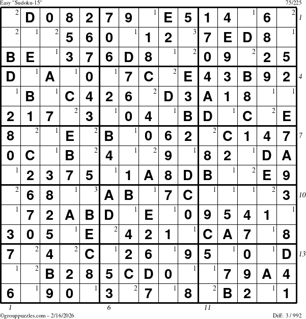 The grouppuzzles.com Easy Sudoku-15 puzzle for Monday February 16, 2026, suitable for printing, with all 3 steps marked