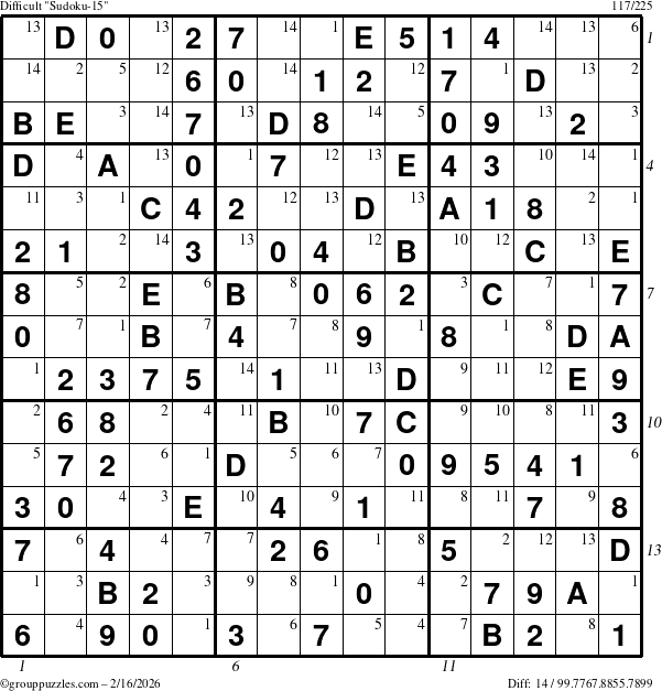 The grouppuzzles.com Difficult Sudoku-15 puzzle for Monday February 16, 2026 with all 14 steps marked