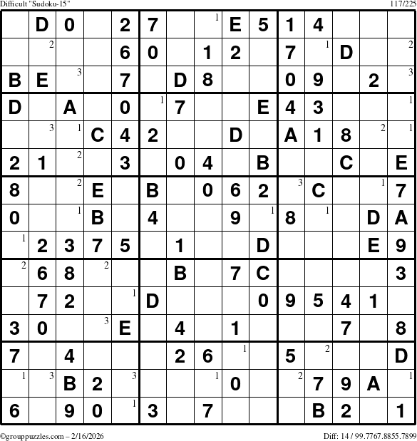 The grouppuzzles.com Difficult Sudoku-15 puzzle for Monday February 16, 2026 with the first 3 steps marked