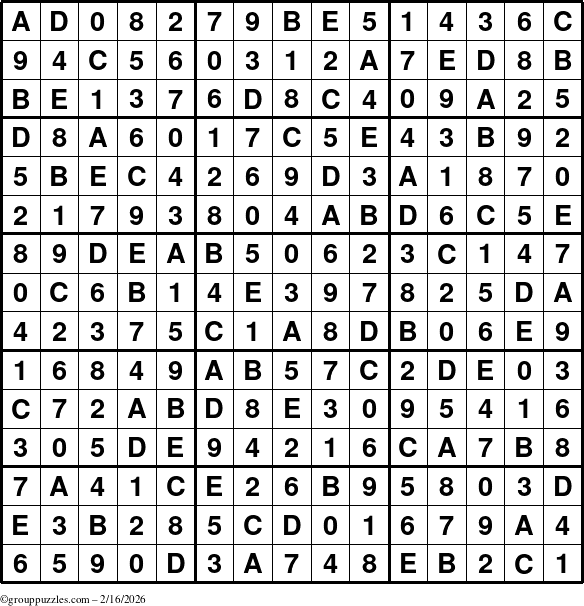 The grouppuzzles.com Answer grid for the Sudoku-15 puzzle for Monday February 16, 2026