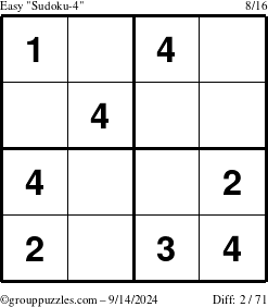 The grouppuzzles.com Easy Sudoku-4 puzzle for Saturday September 14, 2024