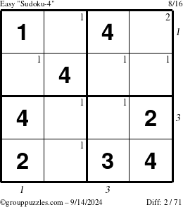 The grouppuzzles.com Easy Sudoku-4 puzzle for Saturday September 14, 2024 with all 2 steps marked