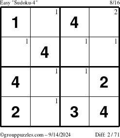 The grouppuzzles.com Easy Sudoku-4 puzzle for Saturday September 14, 2024 with the first 2 steps marked