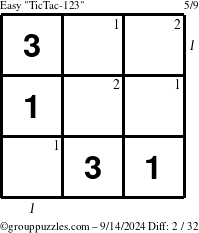 The grouppuzzles.com Easy TicTac-123 puzzle for Saturday September 14, 2024 with all 2 steps marked