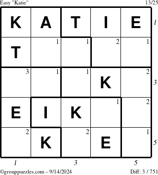 The grouppuzzles.com Easy Katie puzzle for Saturday September 14, 2024 with all 3 steps marked