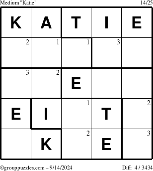 The grouppuzzles.com Medium Katie puzzle for Saturday September 14, 2024 with the first 3 steps marked