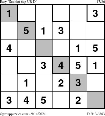 The grouppuzzles.com Easy Sudoku-6up-UR-D puzzle for Saturday September 14, 2024