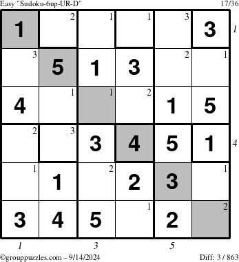 The grouppuzzles.com Easy Sudoku-6up-UR-D puzzle for Saturday September 14, 2024 with all 3 steps marked