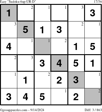 The grouppuzzles.com Easy Sudoku-6up-UR-D puzzle for Saturday September 14, 2024 with the first 3 steps marked