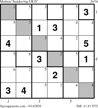 The grouppuzzles.com Medium Sudoku-6up-UR-D puzzle for Saturday September 14, 2024 with all 6 steps marked