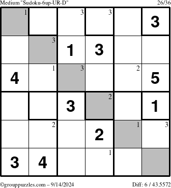 The grouppuzzles.com Medium Sudoku-6up-UR-D puzzle for Saturday September 14, 2024 with the first 3 steps marked