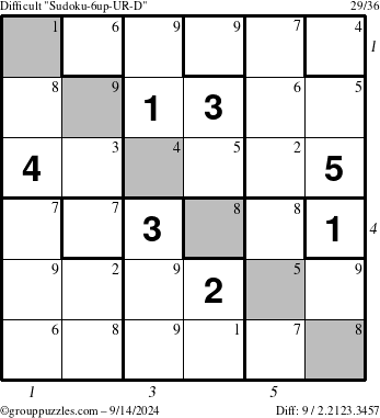 The grouppuzzles.com Difficult Sudoku-6up-UR-D puzzle for Saturday September 14, 2024 with all 9 steps marked