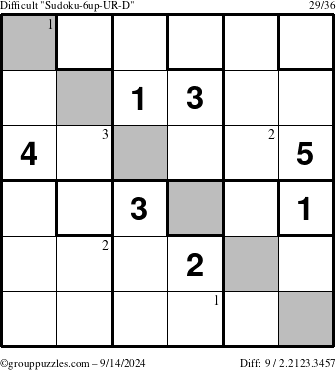 The grouppuzzles.com Difficult Sudoku-6up-UR-D puzzle for Saturday September 14, 2024 with the first 3 steps marked