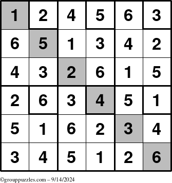 The grouppuzzles.com Answer grid for the Sudoku-6up-UR-D puzzle for Saturday September 14, 2024