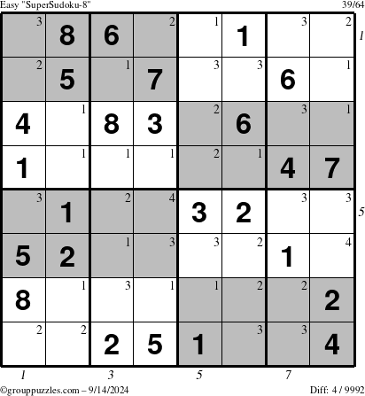 The grouppuzzles.com Easy SuperSudoku-8 puzzle for Saturday September 14, 2024 with all 4 steps marked