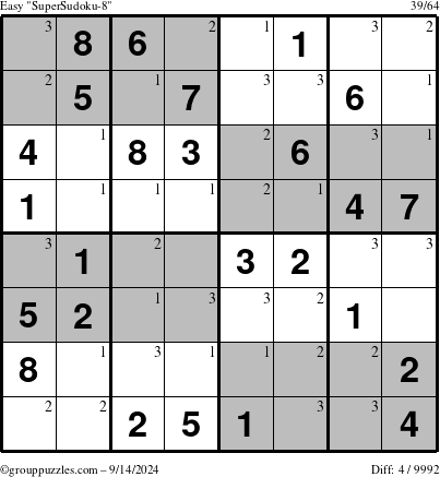 The grouppuzzles.com Easy SuperSudoku-8 puzzle for Saturday September 14, 2024 with the first 3 steps marked