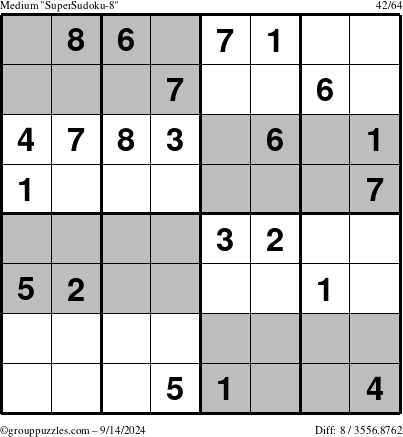 The grouppuzzles.com Medium SuperSudoku-8 puzzle for Saturday September 14, 2024