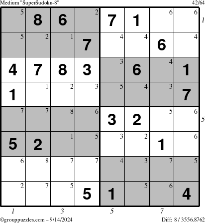 The grouppuzzles.com Medium SuperSudoku-8 puzzle for Saturday September 14, 2024, suitable for printing, with all 8 steps marked