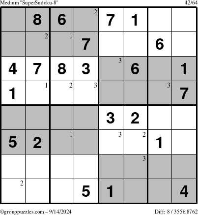 The grouppuzzles.com Medium SuperSudoku-8 puzzle for Saturday September 14, 2024 with the first 3 steps marked