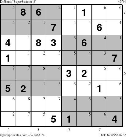 The grouppuzzles.com Difficult SuperSudoku-8 puzzle for Saturday September 14, 2024 with all 8 steps marked