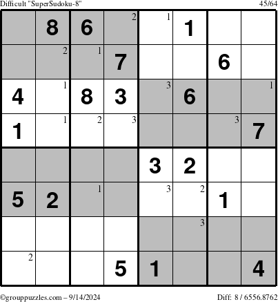 The grouppuzzles.com Difficult SuperSudoku-8 puzzle for Saturday September 14, 2024 with the first 3 steps marked