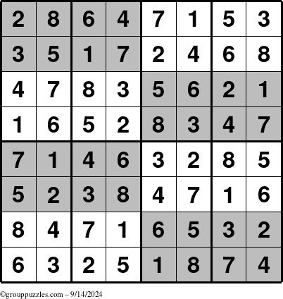 The grouppuzzles.com Answer grid for the SuperSudoku-8 puzzle for Saturday September 14, 2024