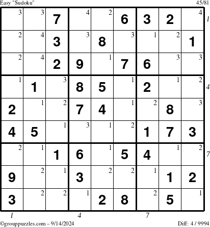 The grouppuzzles.com Easy Sudoku puzzle for Saturday September 14, 2024 with all 4 steps marked