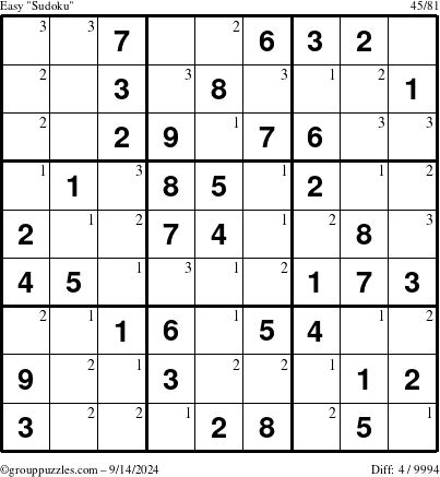 The grouppuzzles.com Easy Sudoku puzzle for Saturday September 14, 2024 with the first 3 steps marked