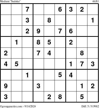 The grouppuzzles.com Medium Sudoku puzzle for Saturday September 14, 2024