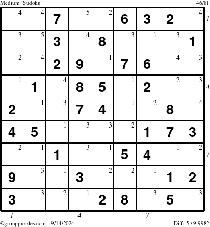 The grouppuzzles.com Medium Sudoku puzzle for Saturday September 14, 2024, suitable for printing, with all 5 steps marked