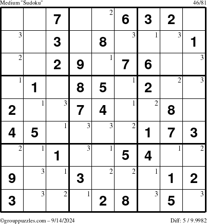 The grouppuzzles.com Medium Sudoku puzzle for Saturday September 14, 2024 with the first 3 steps marked