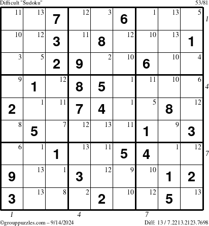 The grouppuzzles.com Difficult Sudoku puzzle for Saturday September 14, 2024 with all 13 steps marked