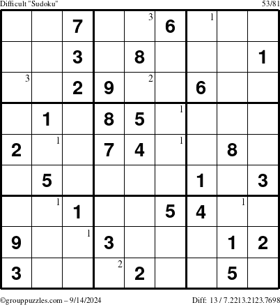 The grouppuzzles.com Difficult Sudoku puzzle for Saturday September 14, 2024 with the first 3 steps marked