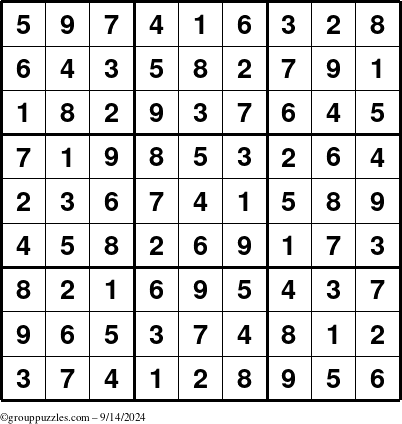 The grouppuzzles.com Answer grid for the Sudoku puzzle for Saturday September 14, 2024