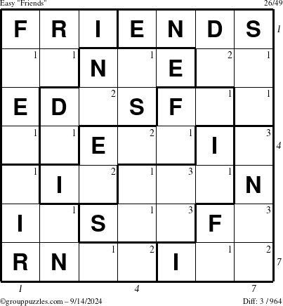 The grouppuzzles.com Easy Friends puzzle for Saturday September 14, 2024 with all 3 steps marked