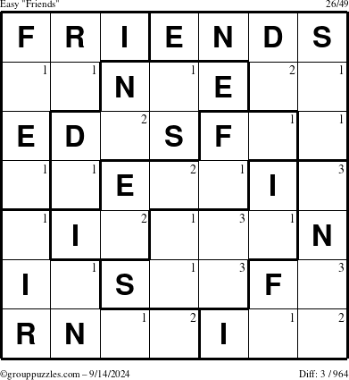 The grouppuzzles.com Easy Friends puzzle for Saturday September 14, 2024 with the first 3 steps marked