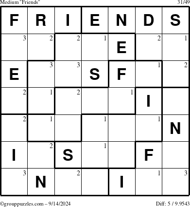 The grouppuzzles.com Medium Friends puzzle for Saturday September 14, 2024 with the first 3 steps marked