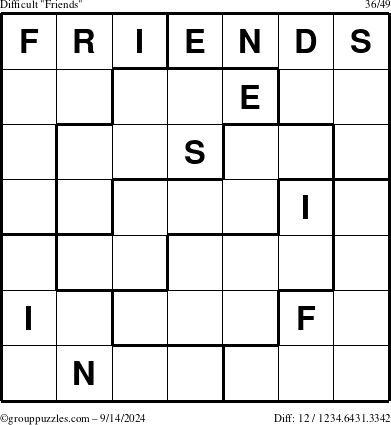 The grouppuzzles.com Difficult Friends puzzle for Saturday September 14, 2024