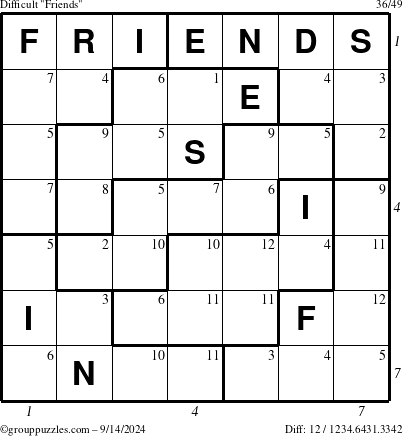 The grouppuzzles.com Difficult Friends puzzle for Saturday September 14, 2024 with all 12 steps marked