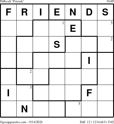 The grouppuzzles.com Difficult Friends puzzle for Saturday September 14, 2024 with the first 3 steps marked