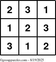 The grouppuzzles.com Answer grid for the TicTac-123 puzzle for Tuesday August 19, 2025