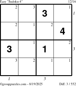 The grouppuzzles.com Easy Sudoku-4 puzzle for Tuesday August 19, 2025 with all 3 steps marked